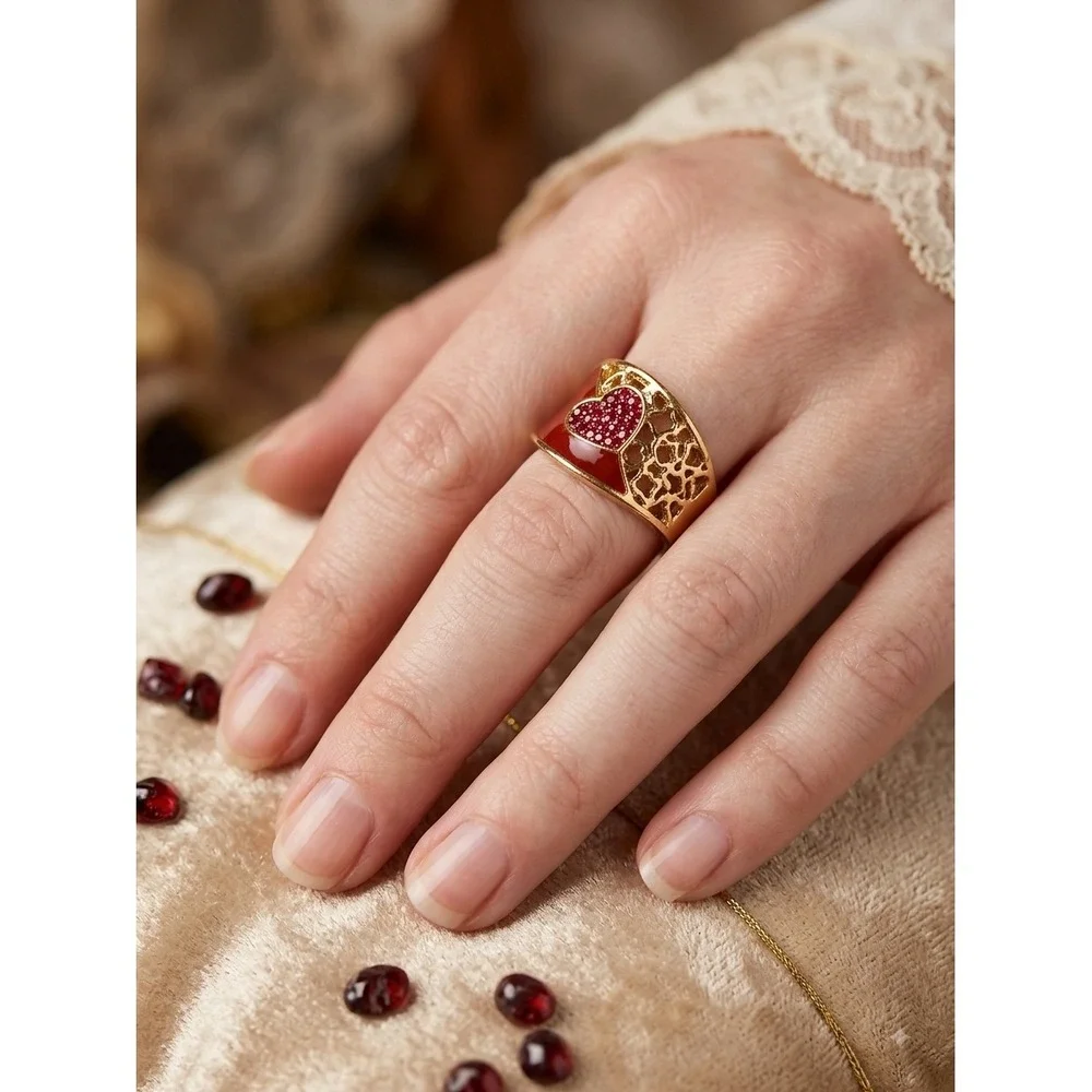 Gold Tone Red Enamel Pavé Heart Filigree Adjustable Statement Band Ring